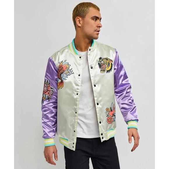 Reason Varsity Jacket Men’s Large Ivory Purple Fearless Tattoo Art Bomber - Picture 6 of 9